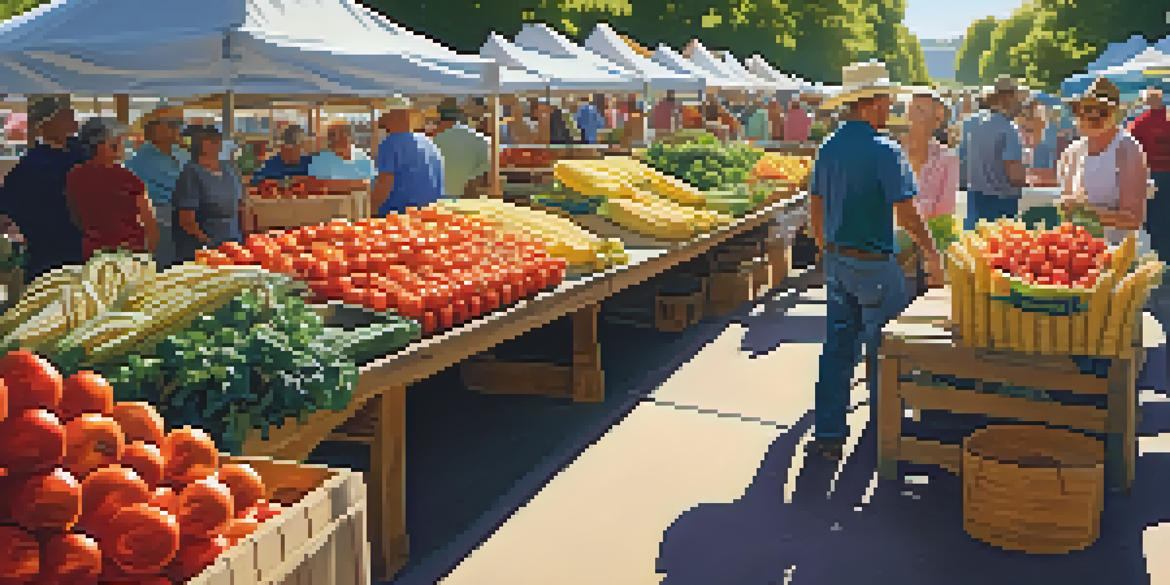 A lively farmer's market in Missouri with colorful fresh produce, sunny weather, and people interacting with local farmers.