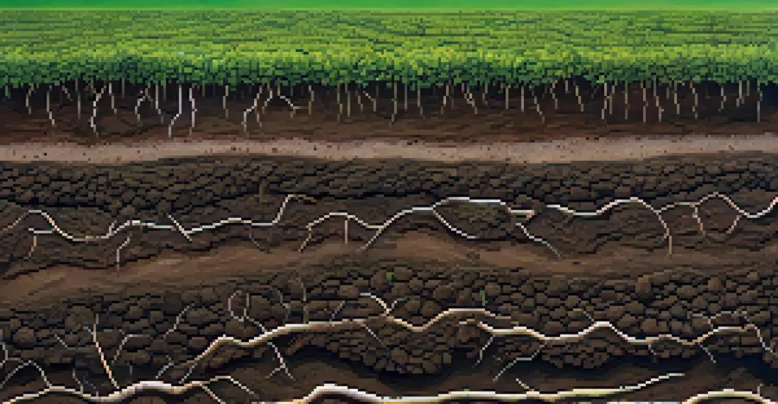 A detailed close-up of healthy soil showcasing its layers, roots, and organic matter, with green crops in the background.