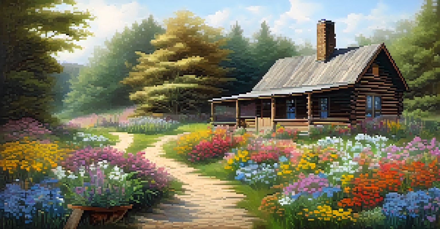 A charming log cabin in Missouri with a colorful garden and a dirt path.