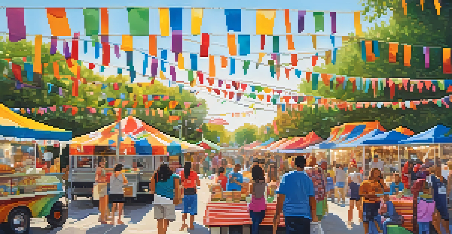 A colorful outdoor cultural festival in Missouri with food trucks, diverse people enjoying meals, and live music.