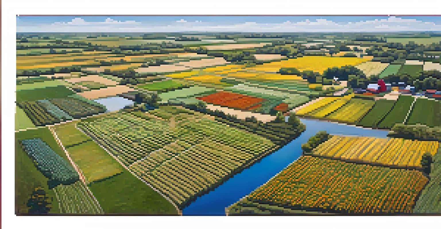 Aerial view of a sustainable farm in Missouri with a diverse crop rotation system, showcasing varying colors of crops and natural landscape features.