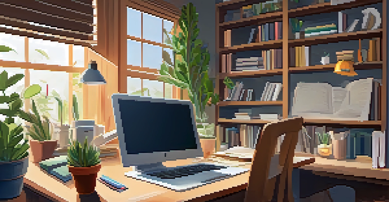 A student studying at a desk with a laptop, books, and notes, in a cozy home office setting with plants and warm lighting.
