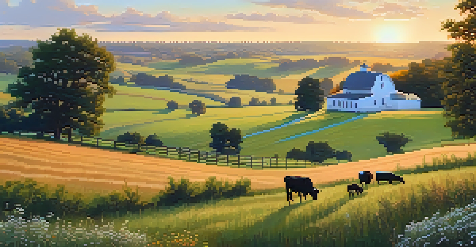A peaceful rural landscape in Missouri featuring a farmhouse, wildflowers, and cows under a sunset sky.
