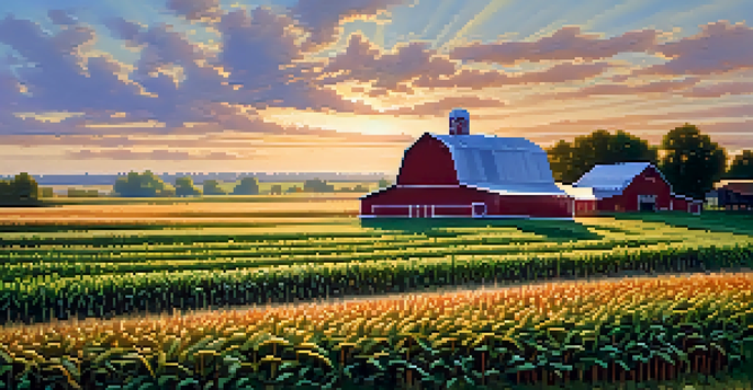 A beautiful sunrise over a Missouri farm, showcasing green fields of crops and a rustic red barn.