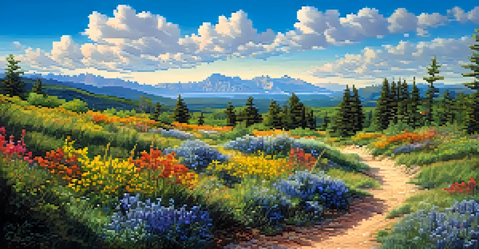 A hiking trail in St. Francois State Park surrounded by colorful wildflowers and mountains under a clear sky.