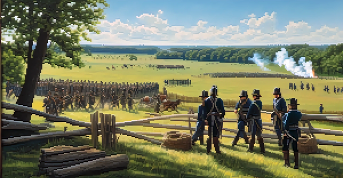A panoramic view of Wilson's Creek battlefield with rolling hills, trees, and reenactors in Civil War uniforms.