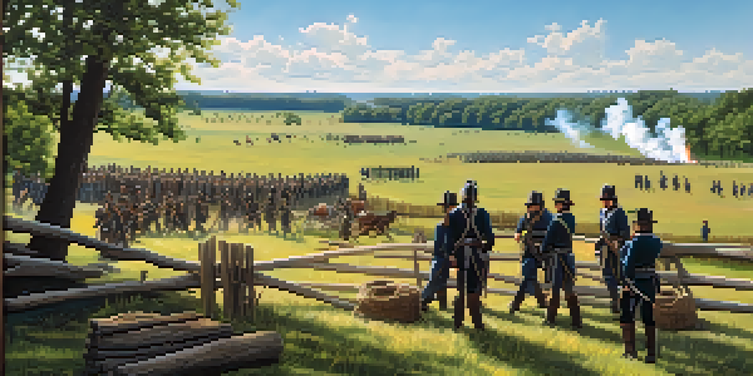 A panoramic view of Wilson's Creek battlefield with rolling hills, trees, and reenactors in Civil War uniforms.