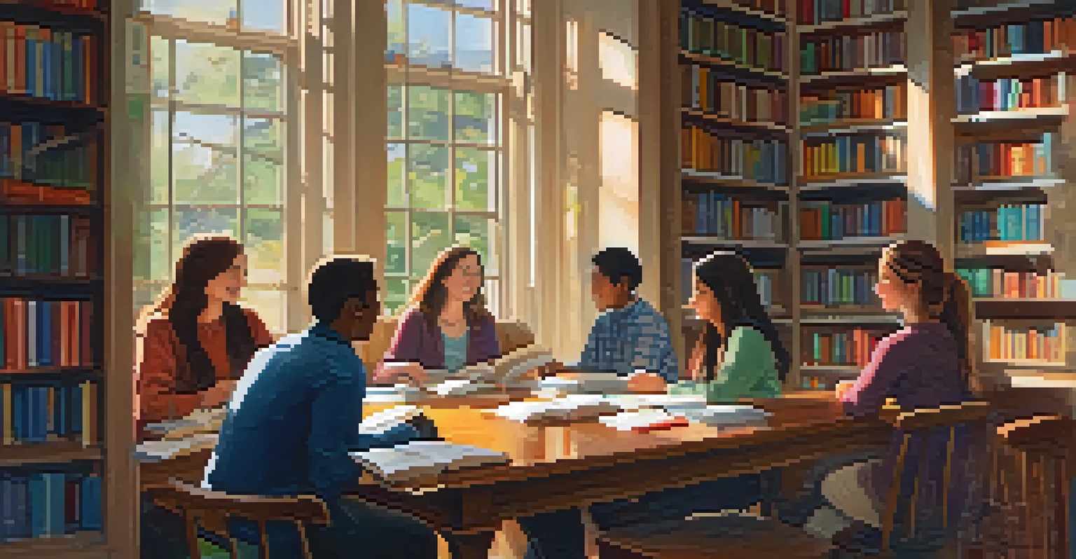 Students having a discussion during a book club meeting in a cozy library filled with books.