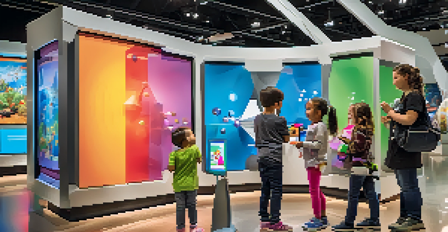 Children interacting with robotic displays and educational screens in a brightly lit science museum exhibit.
