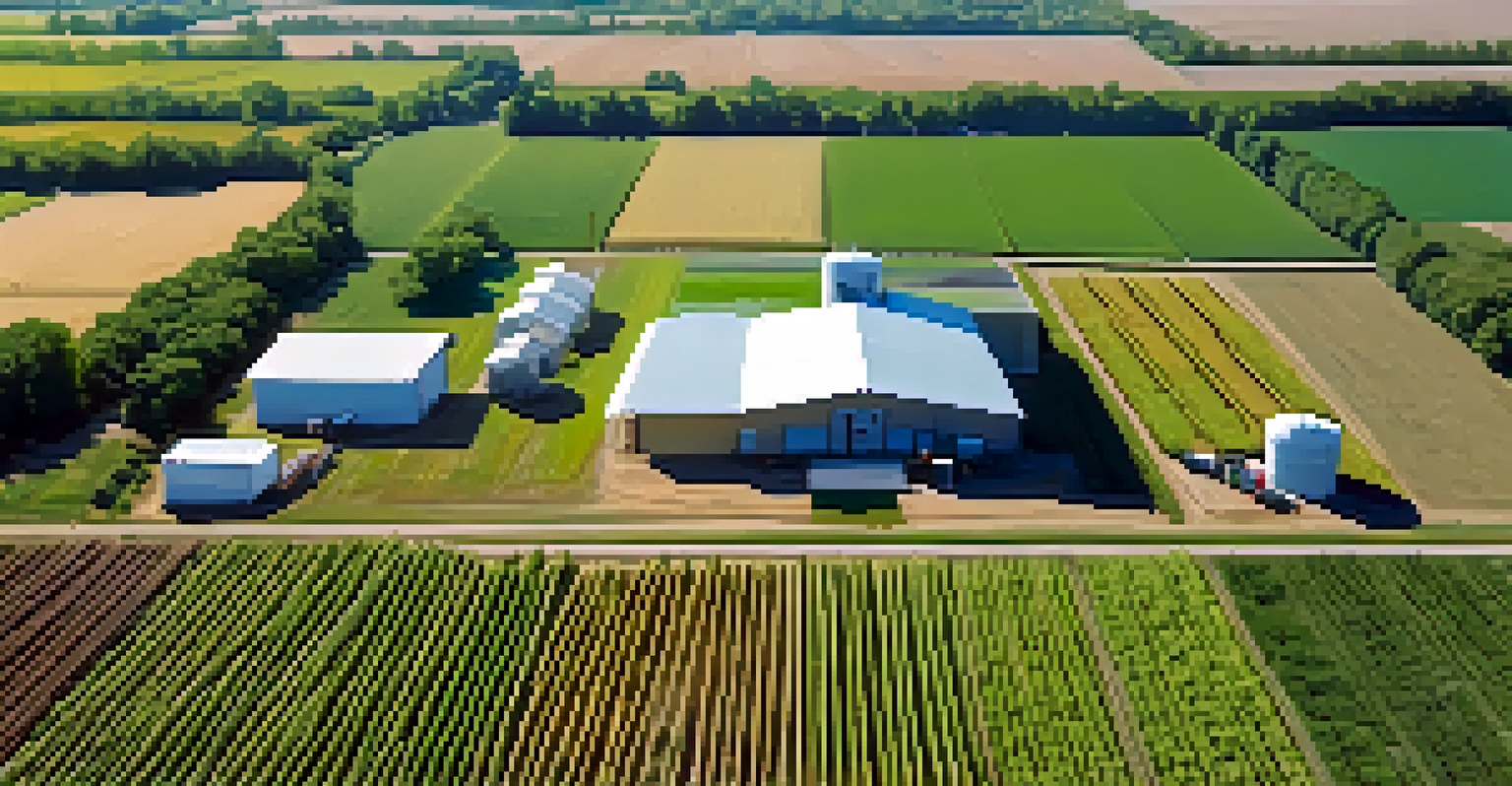 An aerial view of a Missouri farm using precision agriculture, showcasing crops, irrigation systems, and a drone in the sky.