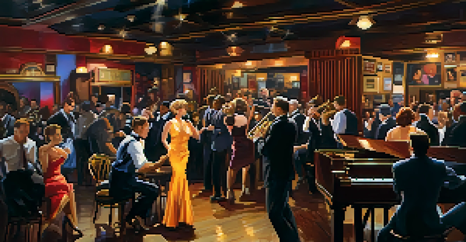 A lively jazz club scene with a band performing on stage and an audience dancing, showcasing warm lighting and vintage decor.