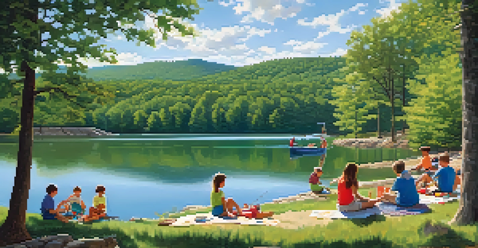 Families having fun on the lake at Table Rock State Park with mountains in the background.