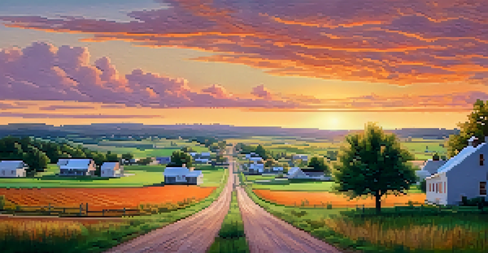 A rural landscape in Missouri with a small town under a colorful sunset, featuring a dirt road and a community health clinic.