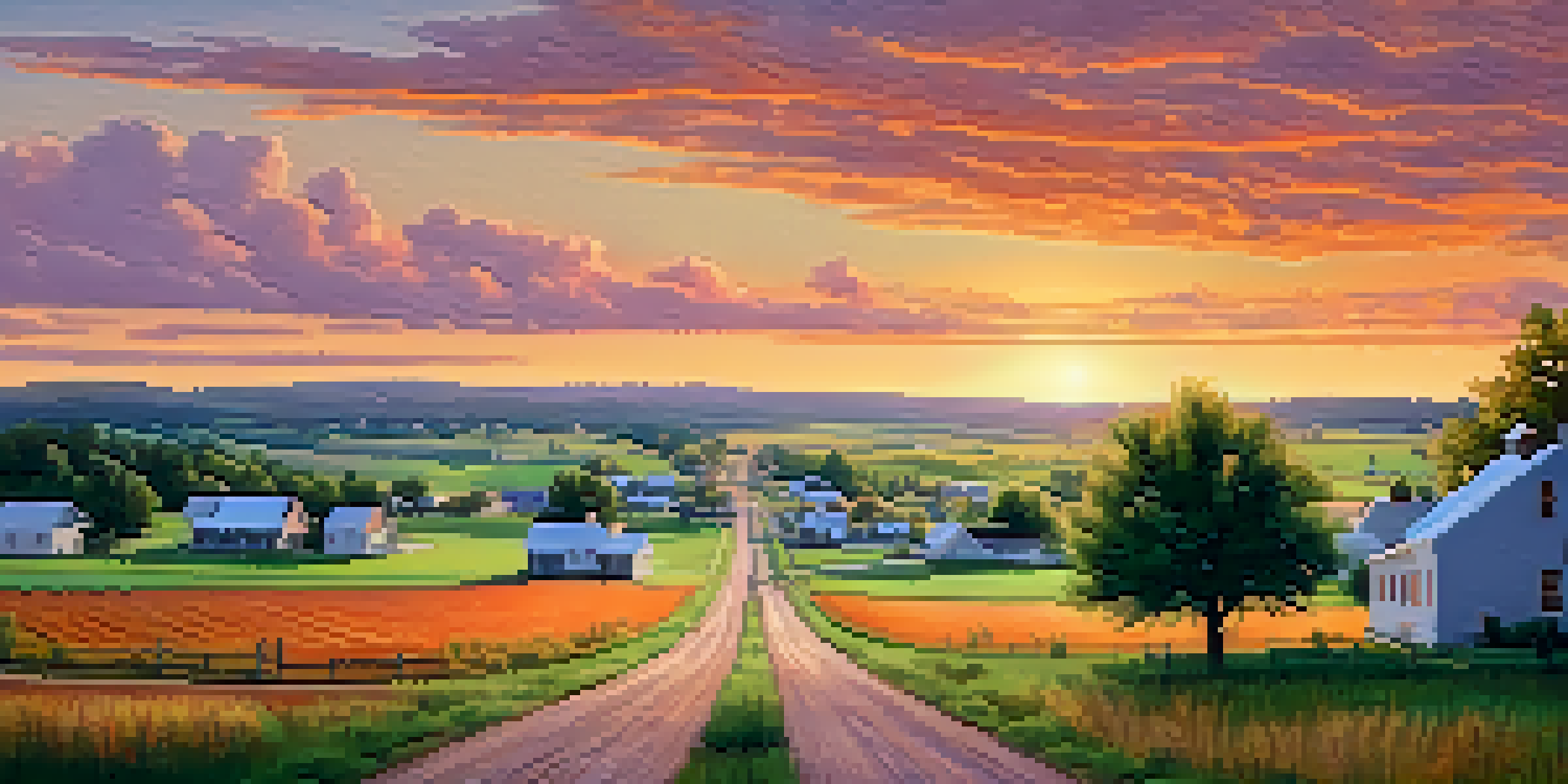 A rural landscape in Missouri with a small town under a colorful sunset, featuring a dirt road and a community health clinic.