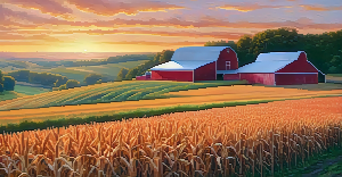 A scenic sunset view of a Missouri farm with fields of corn and soybeans, a red barn, and rolling hills.