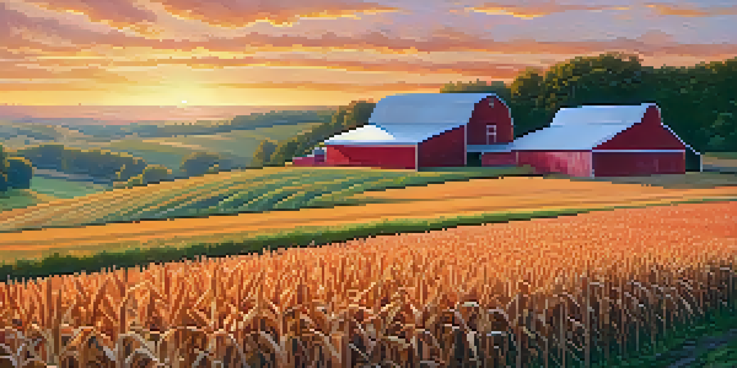 A scenic sunset view of a Missouri farm with fields of corn and soybeans, a red barn, and rolling hills.