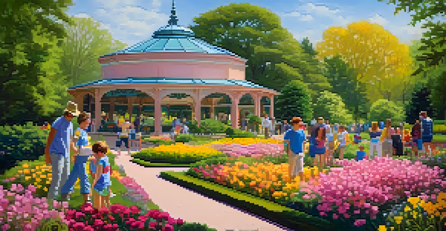 The Missouri Botanical Garden in spring, showcasing blooming flowers and families enjoying the scenery.