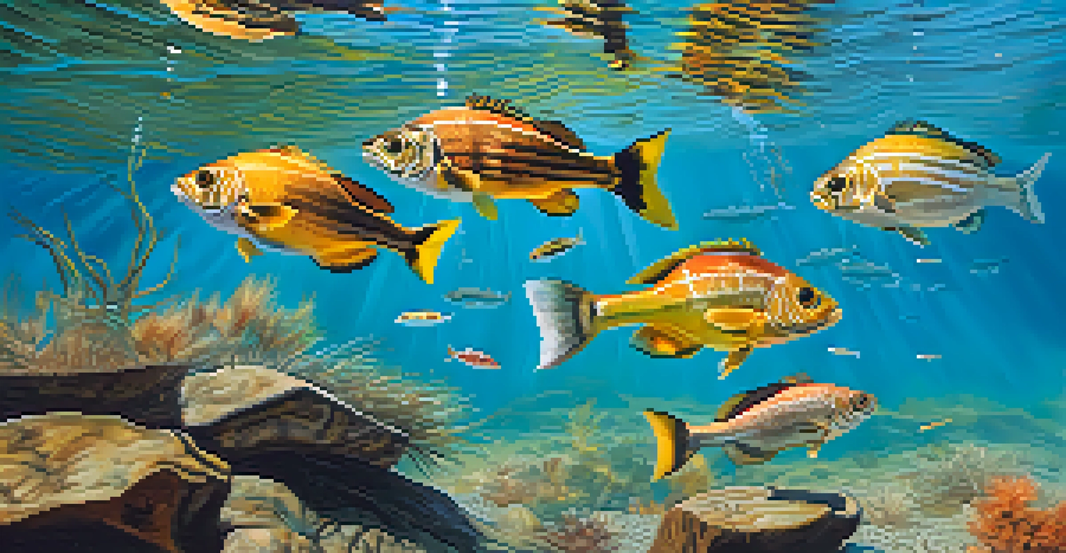 A close-up view of colorful fish swimming in a clear river, with sunlight illuminating the underwater scene.