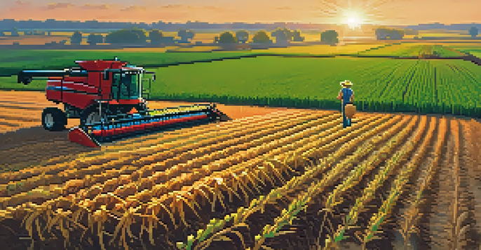 A scenic view of a Missouri farm at sunset, featuring green fields and a farmer inspecting the soil with an irrigation system in the background.