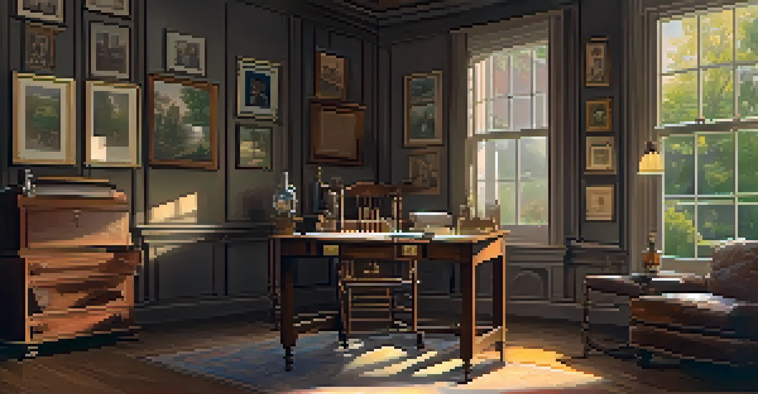 An interior view of a vintage parlor with period furniture, a rocking chair, and a writing desk illuminated by sunlight.