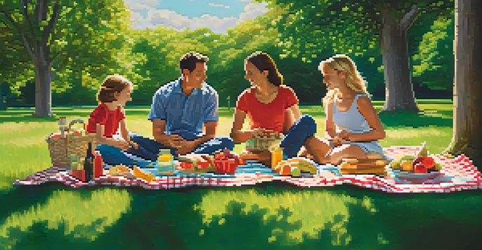 A family having a picnic in a park, sitting on a blanket with food, under a clear blue sky.