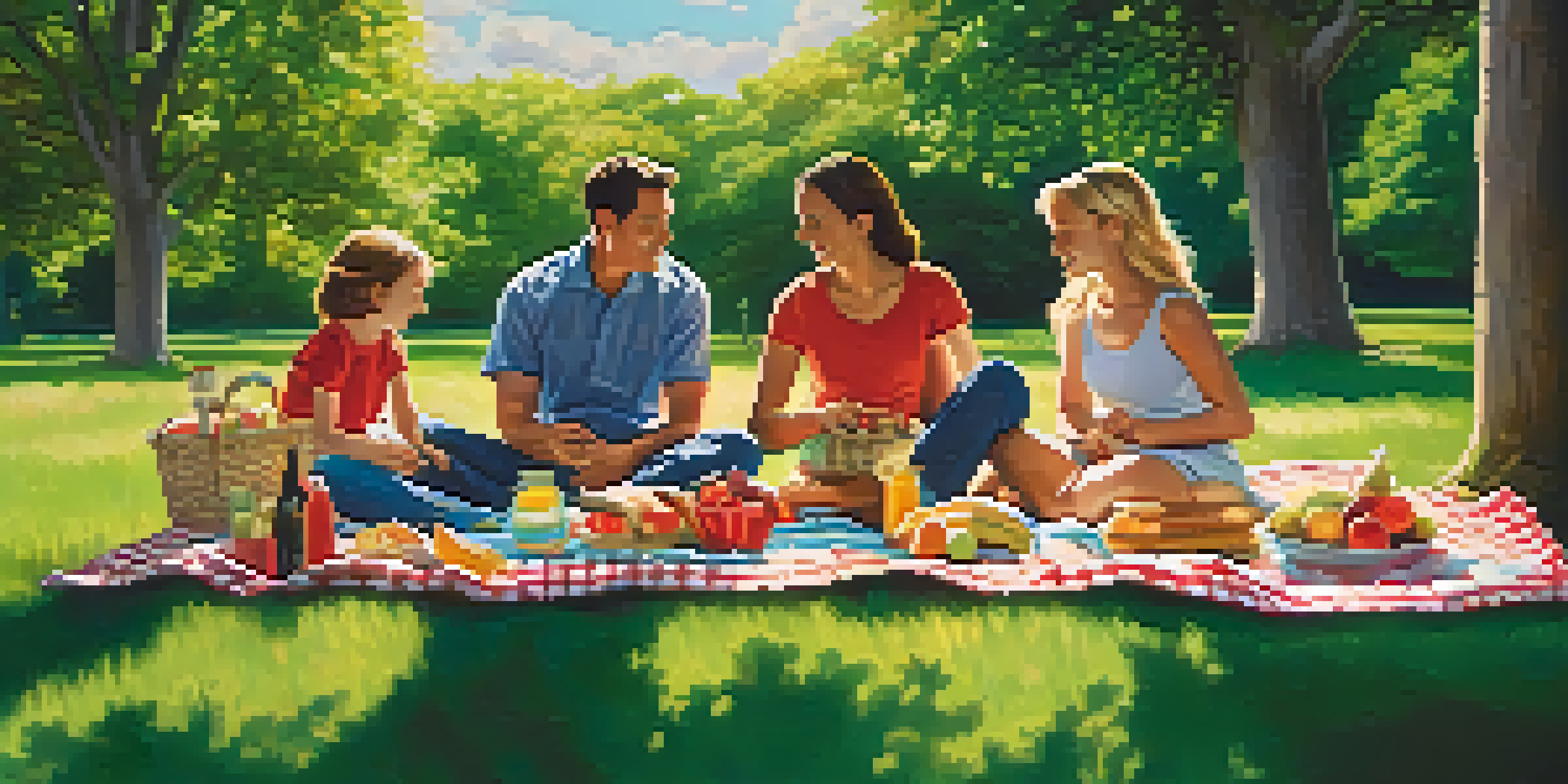A family having a picnic in a park, sitting on a blanket with food, under a clear blue sky.