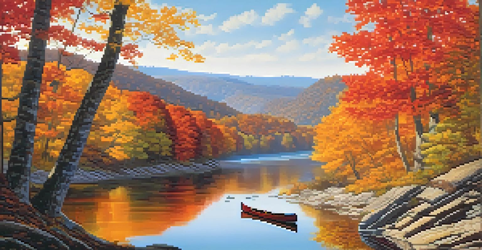 A scenic view of the Ozark Mountains in autumn with colorful trees and a river.