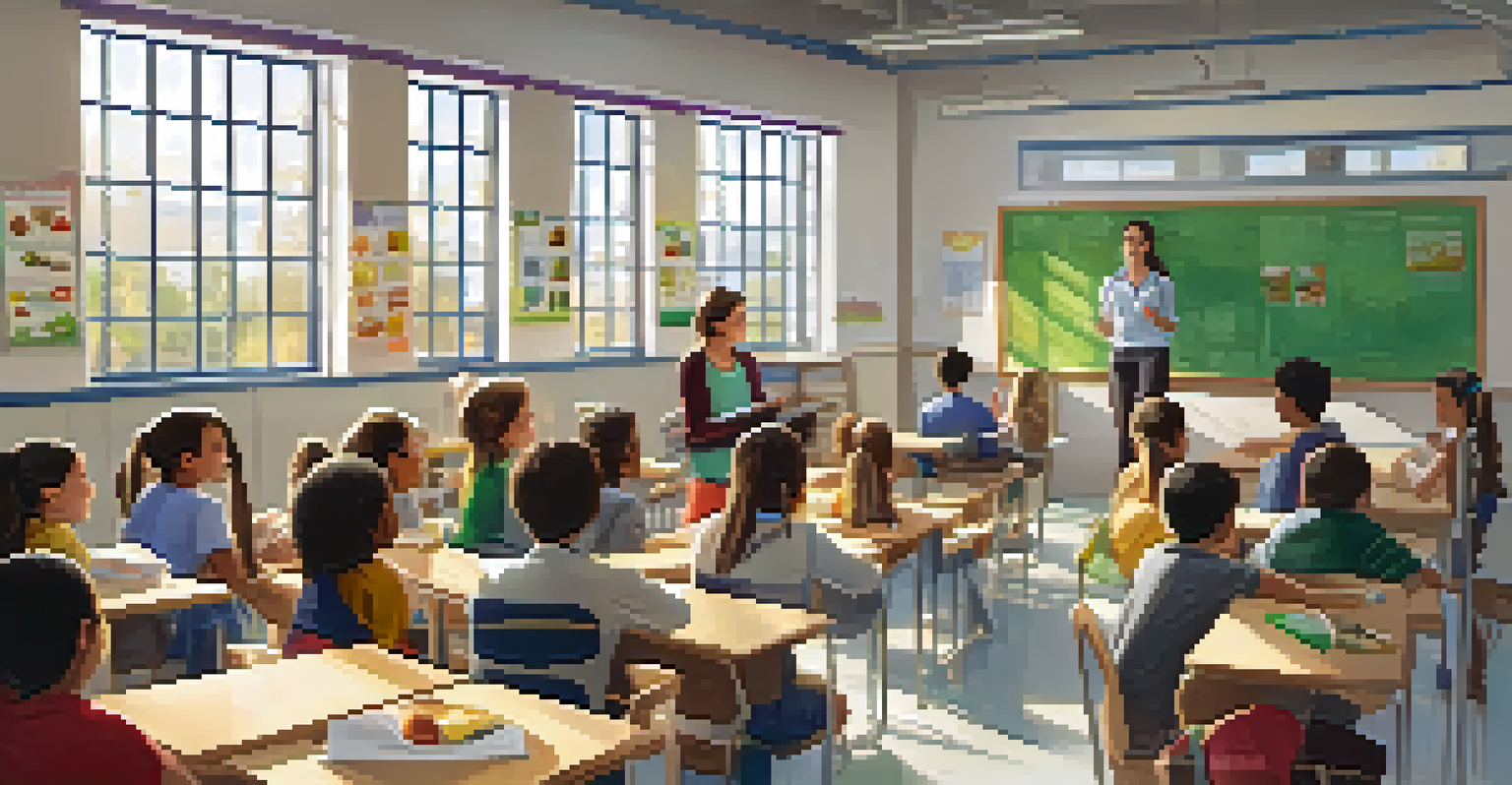 A health professional teaching a group of students about nutrition and exercise in a bright classroom.