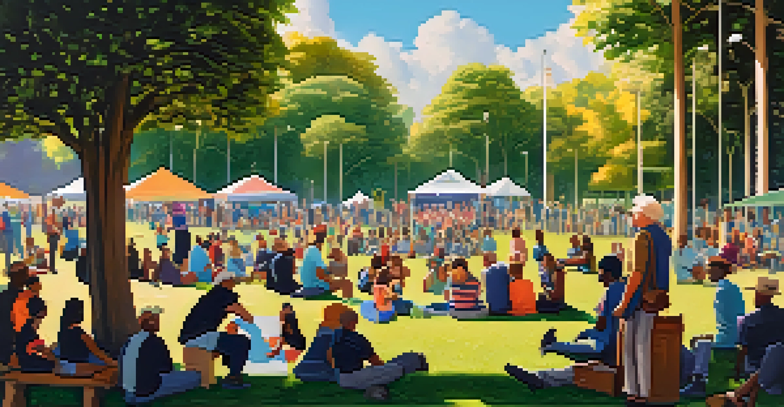 A diverse group of people in a park discussing social issues, with banners for social justice, creating a sense of community and engagement.