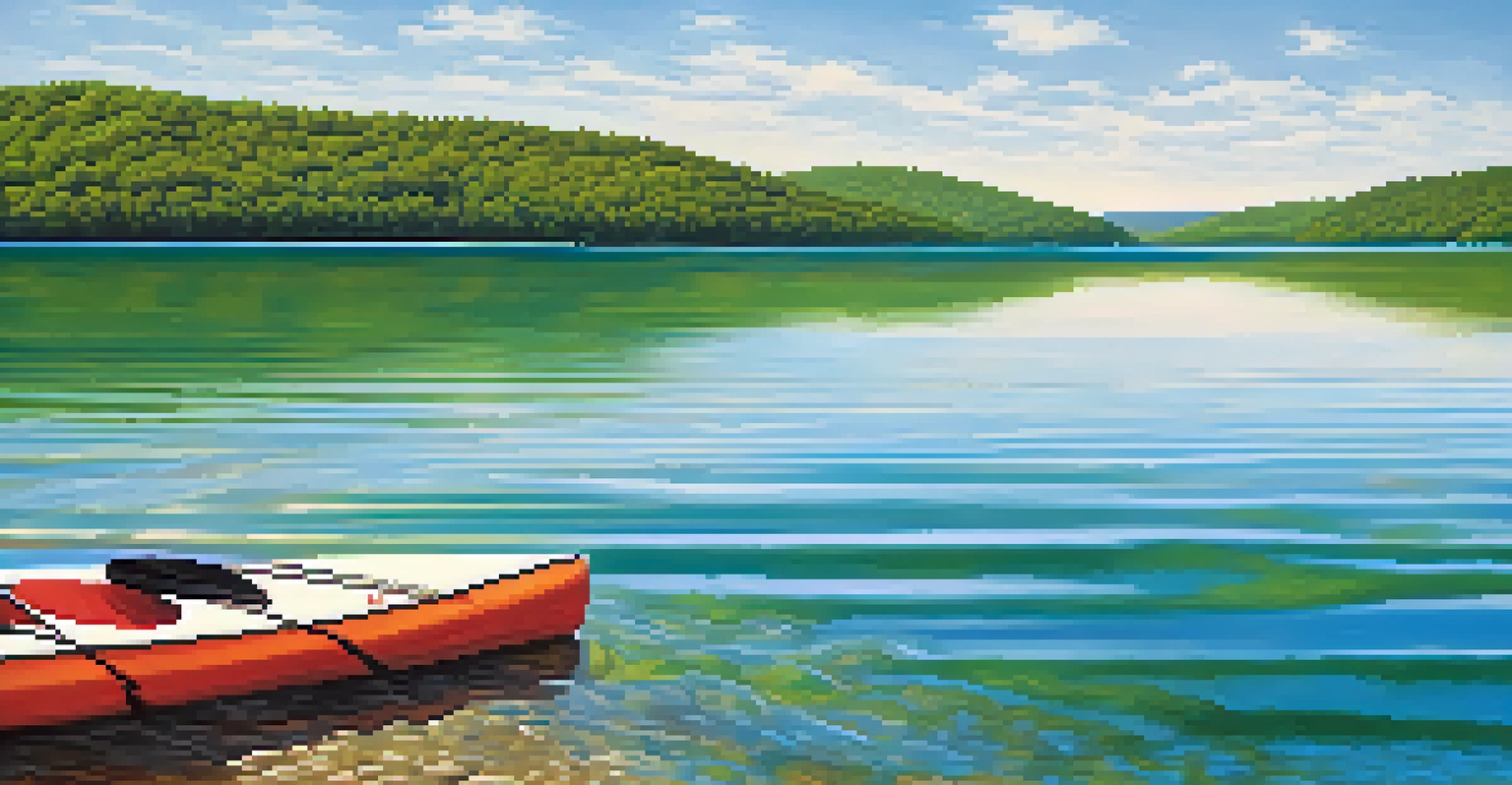 Close-up of Table Rock Lake with a kayaker and lush green hills in the background.