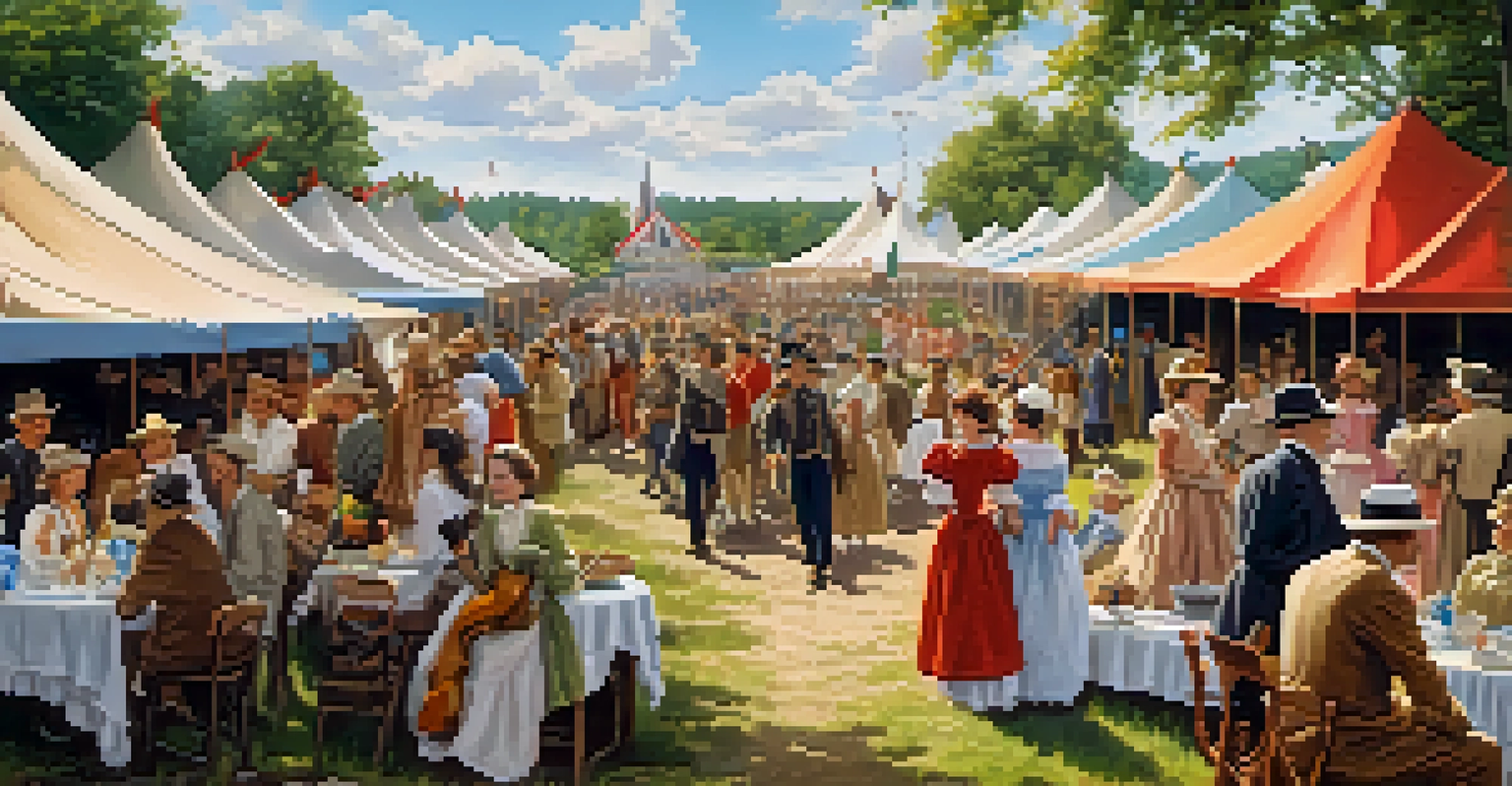 Performers in period costumes at the Mark Twain Festival, surrounded by colorful tents and cheerful visitors in a sunny outdoor setting.