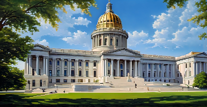 A view of the Missouri State Capitol featuring its grand dome and lush gardens with visitors walking around.