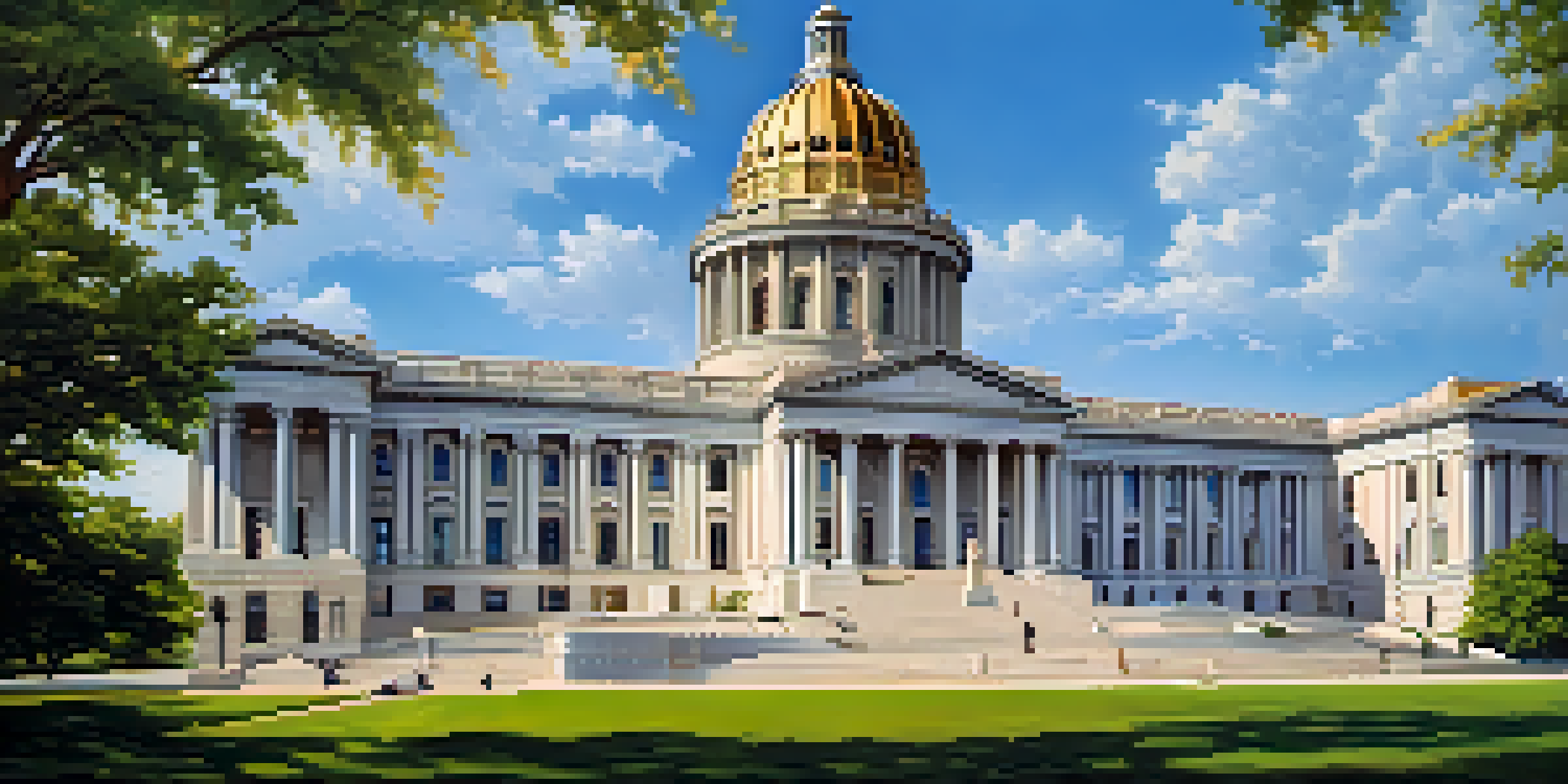 A view of the Missouri State Capitol featuring its grand dome and lush gardens with visitors walking around.