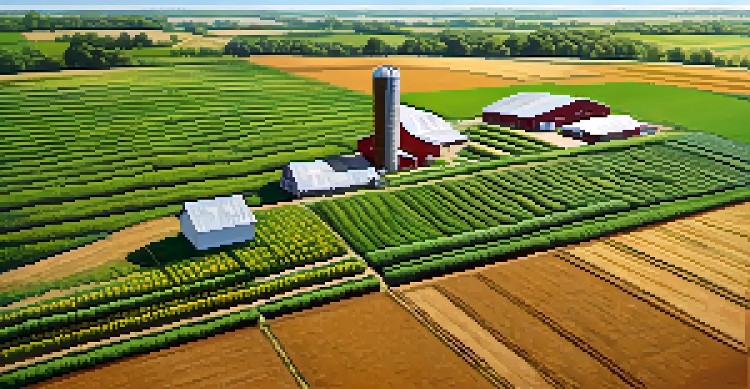Aerial view of a Missouri farm practicing crop rotation with alternating patches of corn and soybeans under a clear blue sky.