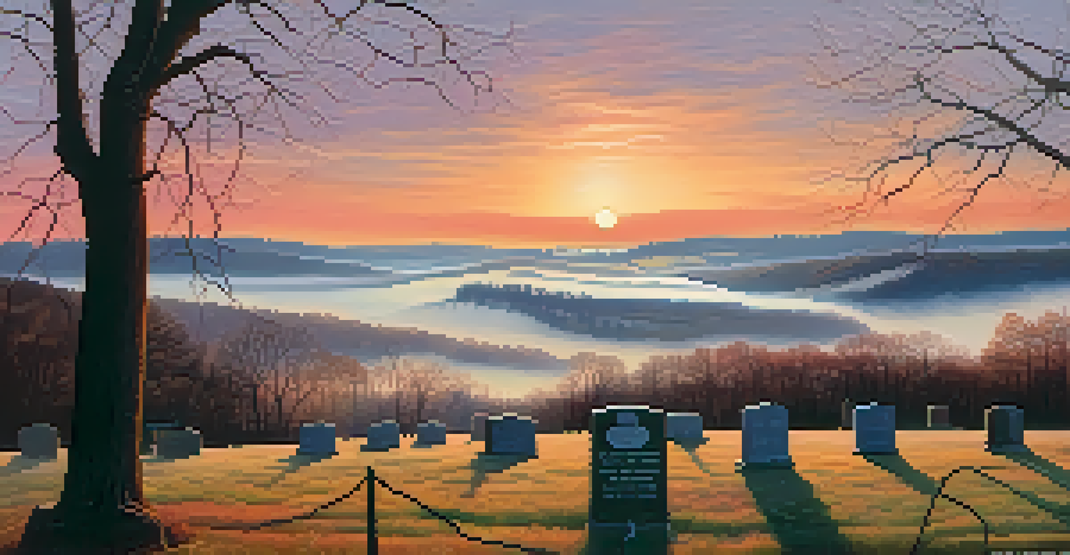 Dawn landscape of Pilot Knob battlefield with mist, historical markers, and a colorful sunrise.
