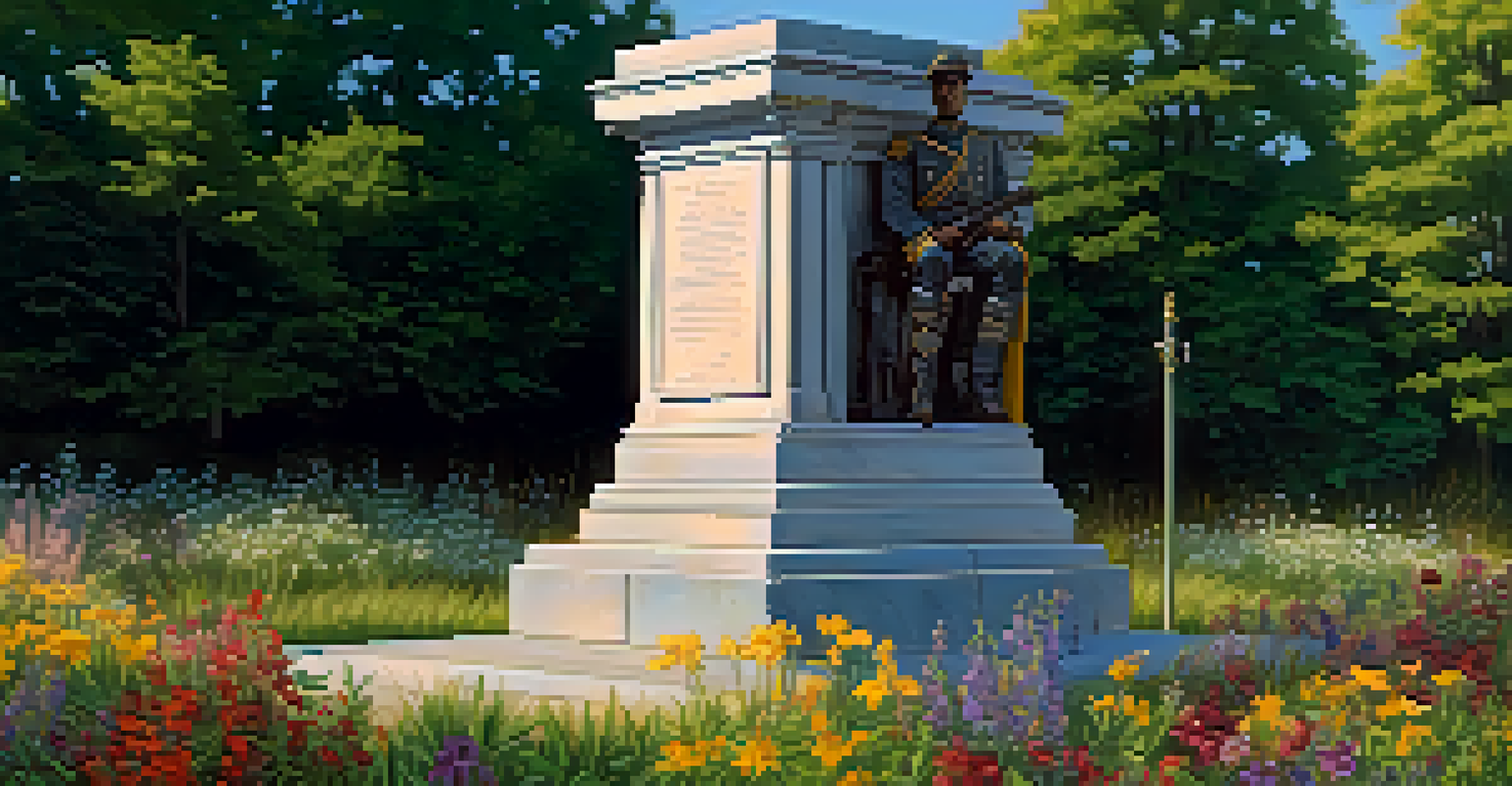 A close-up of a Civil War memorial statue of a Union soldier surrounded by wildflowers.