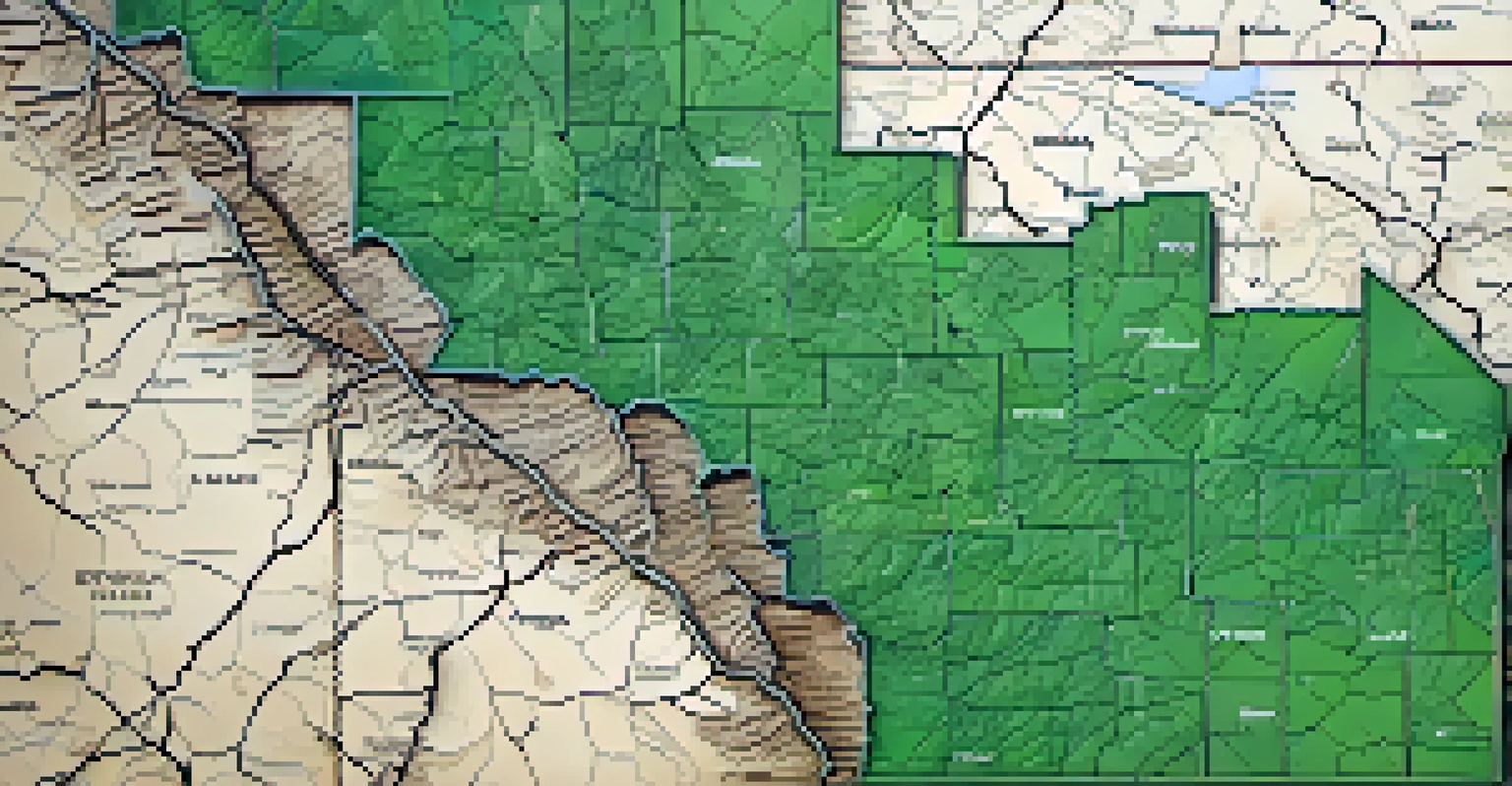 A detailed close-up of a Missouri state map highlighting urban and rural areas with varied textures and colors.