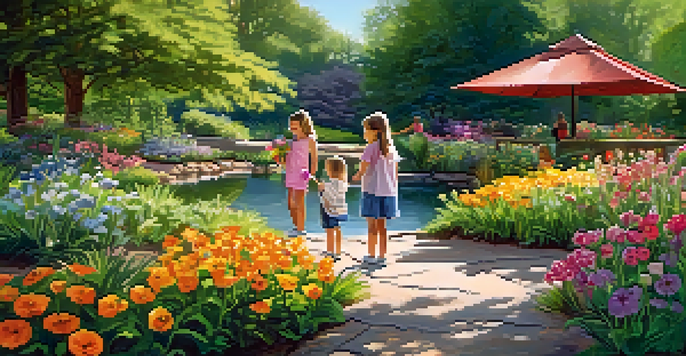 Children playing in a colorful garden filled with flowers and greenery, with a stream flowing nearby and sunlight casting soft shadows.