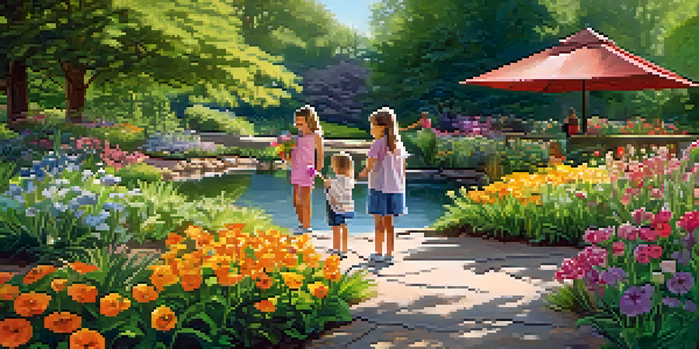 Children playing in a colorful garden filled with flowers and greenery, with a stream flowing nearby and sunlight casting soft shadows.