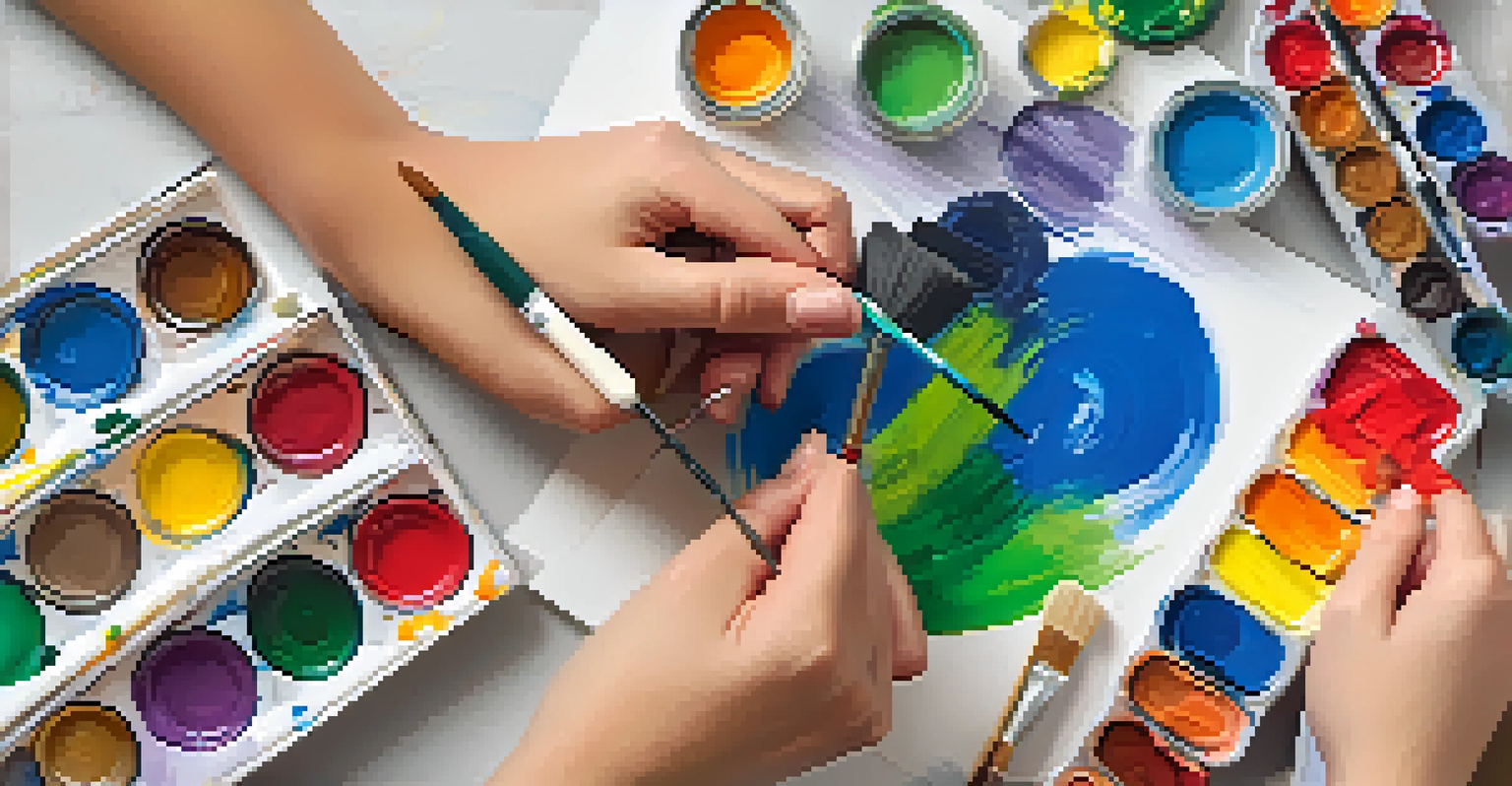 Close-up of hands painting on a canvas with vibrant colors and art supplies in the background.