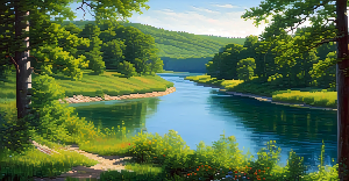 A peaceful landscape featuring the Missouri River surrounded by greenery and wildflowers under a clear blue sky.