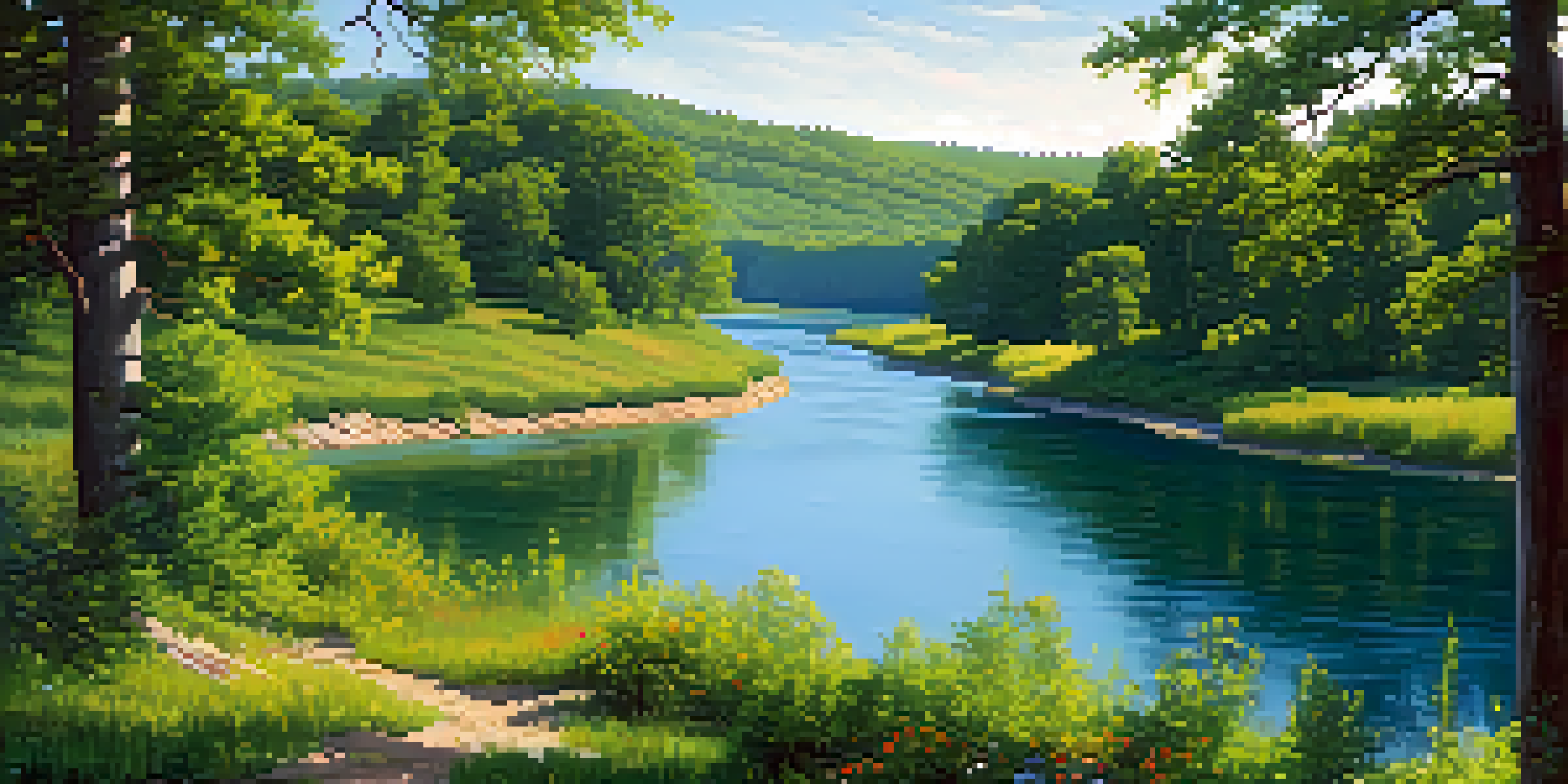 A peaceful landscape featuring the Missouri River surrounded by greenery and wildflowers under a clear blue sky.