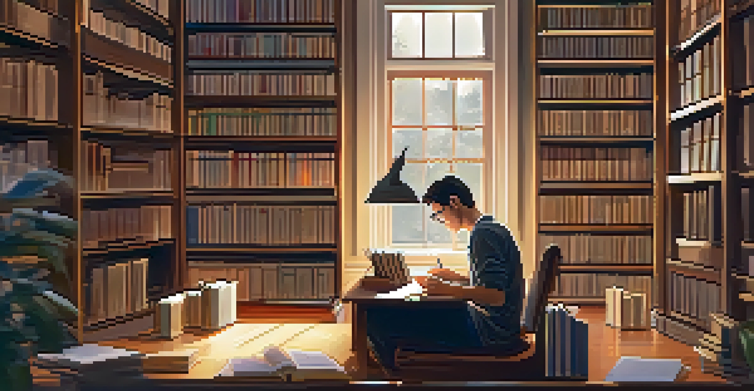 A student studying in a cozy library in Missouri, surrounded by books and warm lighting.