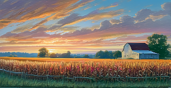 A sunset over a cornfield in Missouri, showcasing golden corn stalks and a rustic wooden fence.