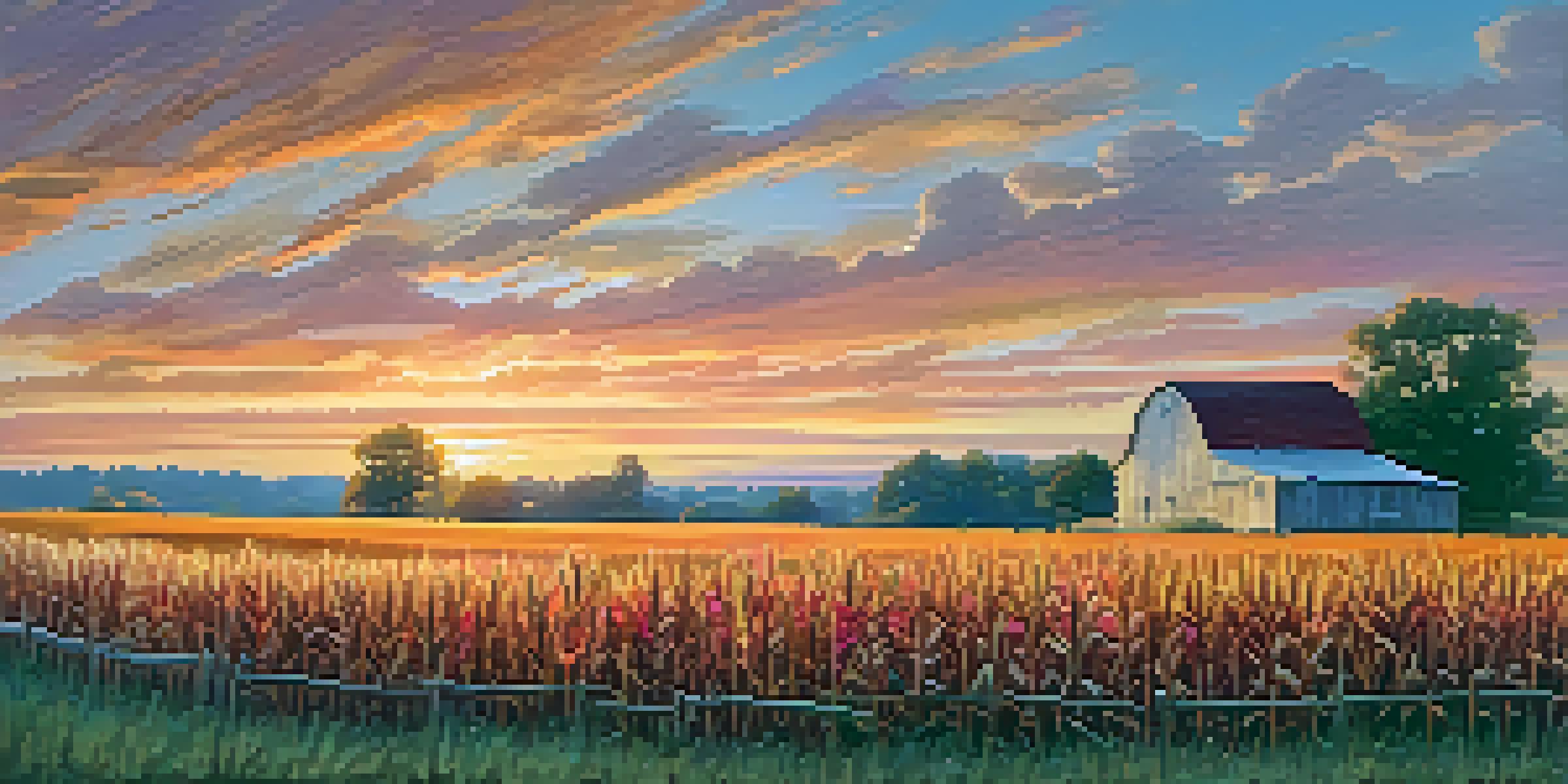 A sunset over a cornfield in Missouri, showcasing golden corn stalks and a rustic wooden fence.