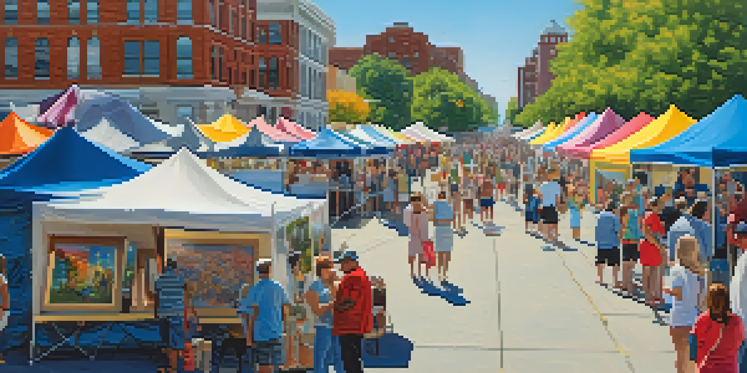 A lively art fair with artists showcasing their work and families enjoying the event under a sunny sky.