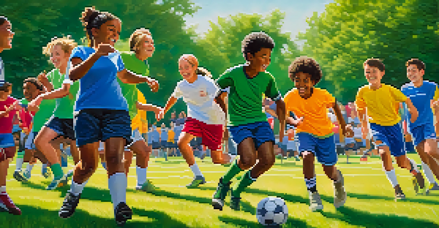 A diverse group of students playing soccer on a sunny day, highlighting teamwork and community spirit.