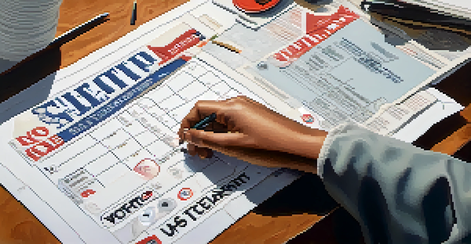 A hand filling out a voting ballot, surrounded by campaign materials like flyers and buttons, highlighting the importance of voting.