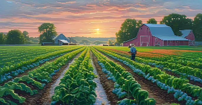 A colorful organic farm in Missouri at sunrise, featuring green crops, a farmer, and a rustic barn amidst wildflowers.