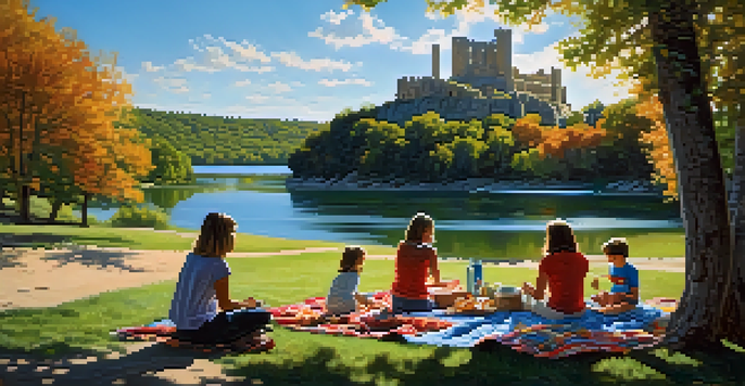 A family enjoying a picnic at Ha Ha Tonka State Park with castle ruins and a lake in the background.